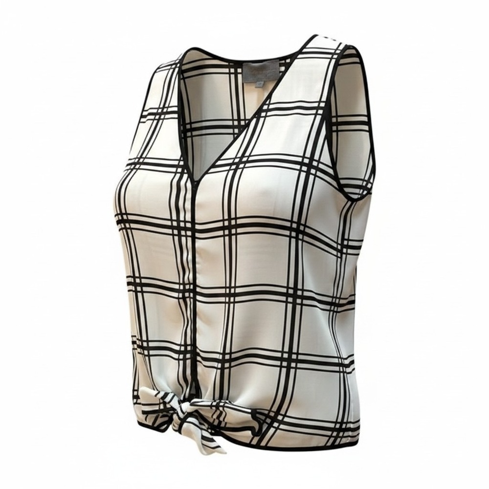 Sunday in Brooklyn Blouse Womens Medium Cream Black Plaid Tie Waist Minimalist